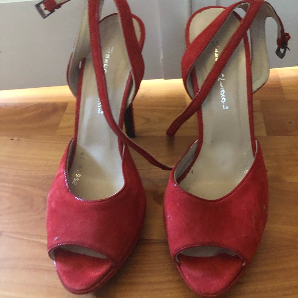 Red suede open toe heels with ankle strap